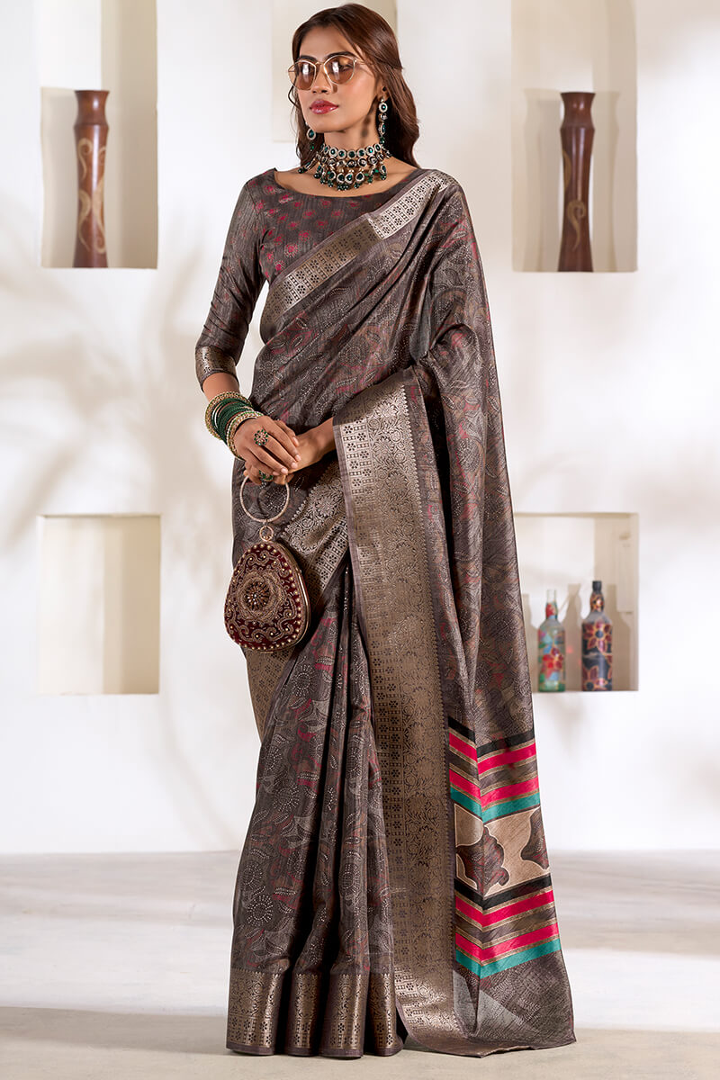 Kailash Oatmilk Brown Soft Dola Silk Foil Printed Saree