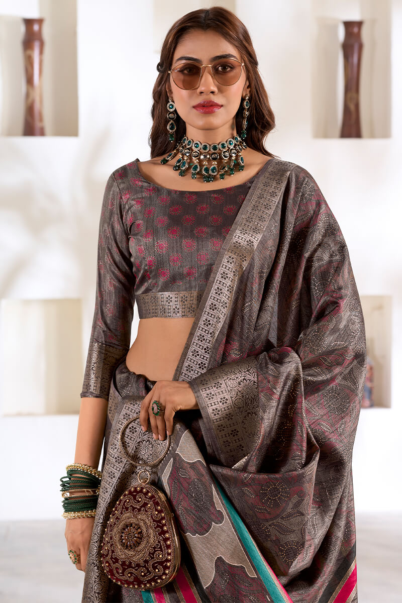 Kailash Oatmilk Brown Soft Dola Silk Foil Printed Saree