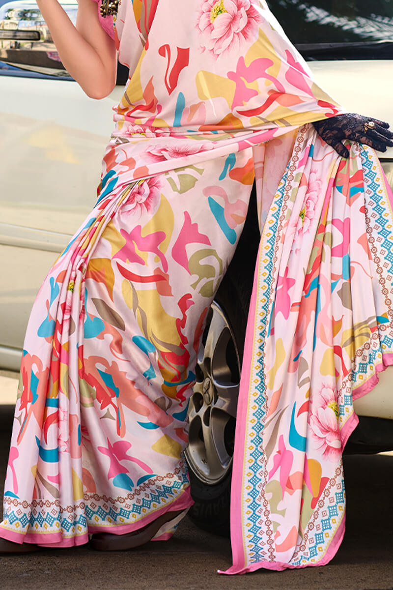 Next Ganeration Peach Blush Pure Satin Silk Digital Printed Saree