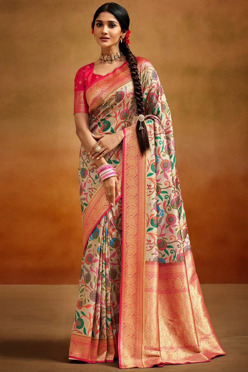 Moghra Eggshell Beige Banarasi Tussar Silk Woven Kalamkari Saree