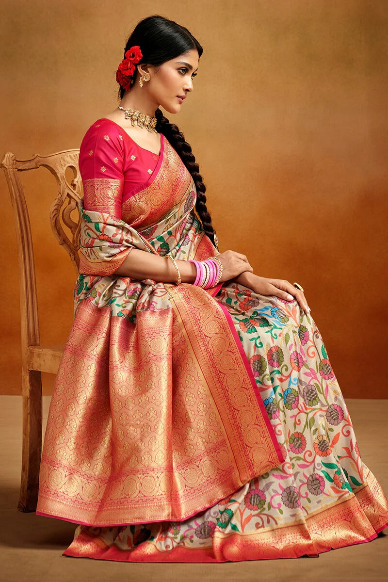 Moghra Eggshell Beige Banarasi Tussar Silk Woven Kalamkari Saree