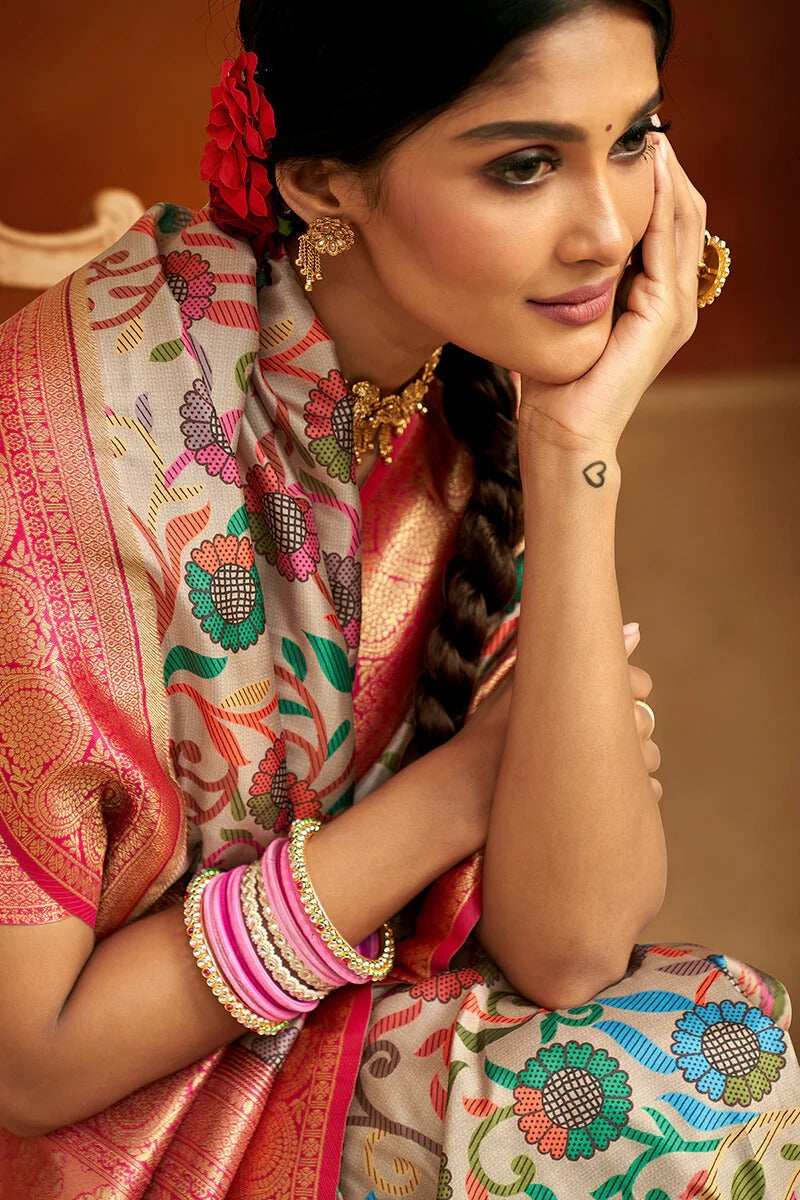 Moghra Eggshell Beige Banarasi Tussar Silk Woven Kalamkari Saree