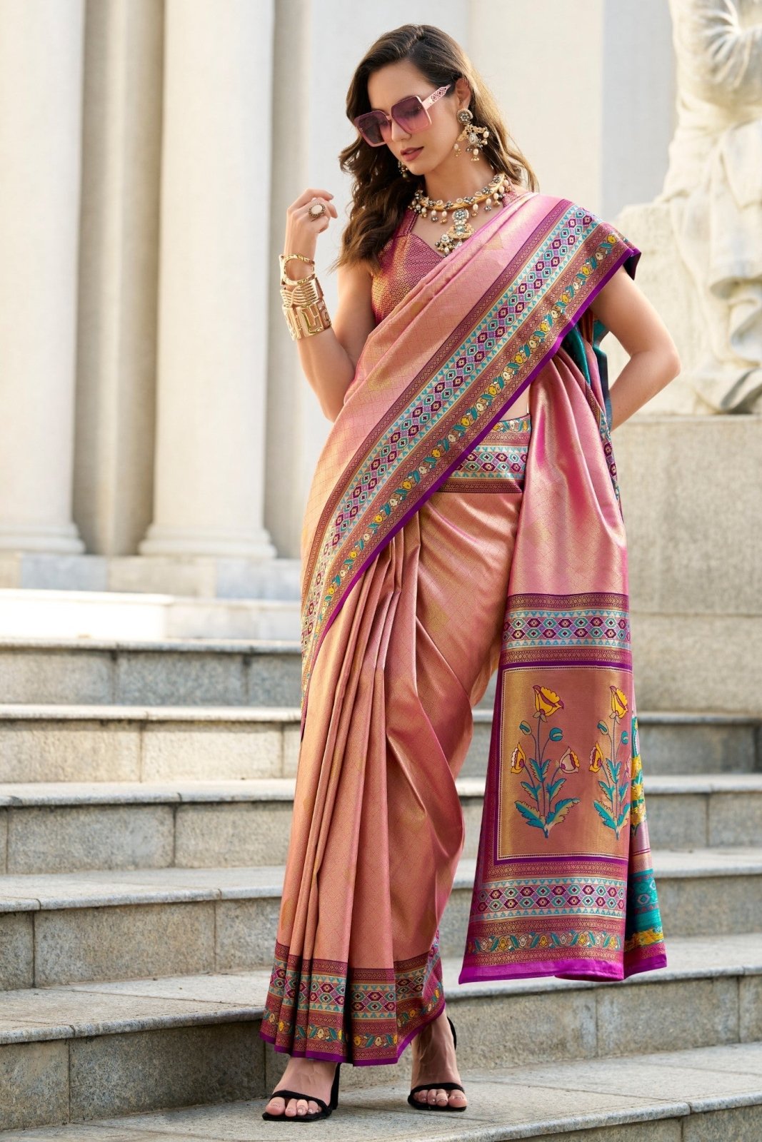 Rajkumari Pink Tissue Paithani Silk Zari Weaving Saree