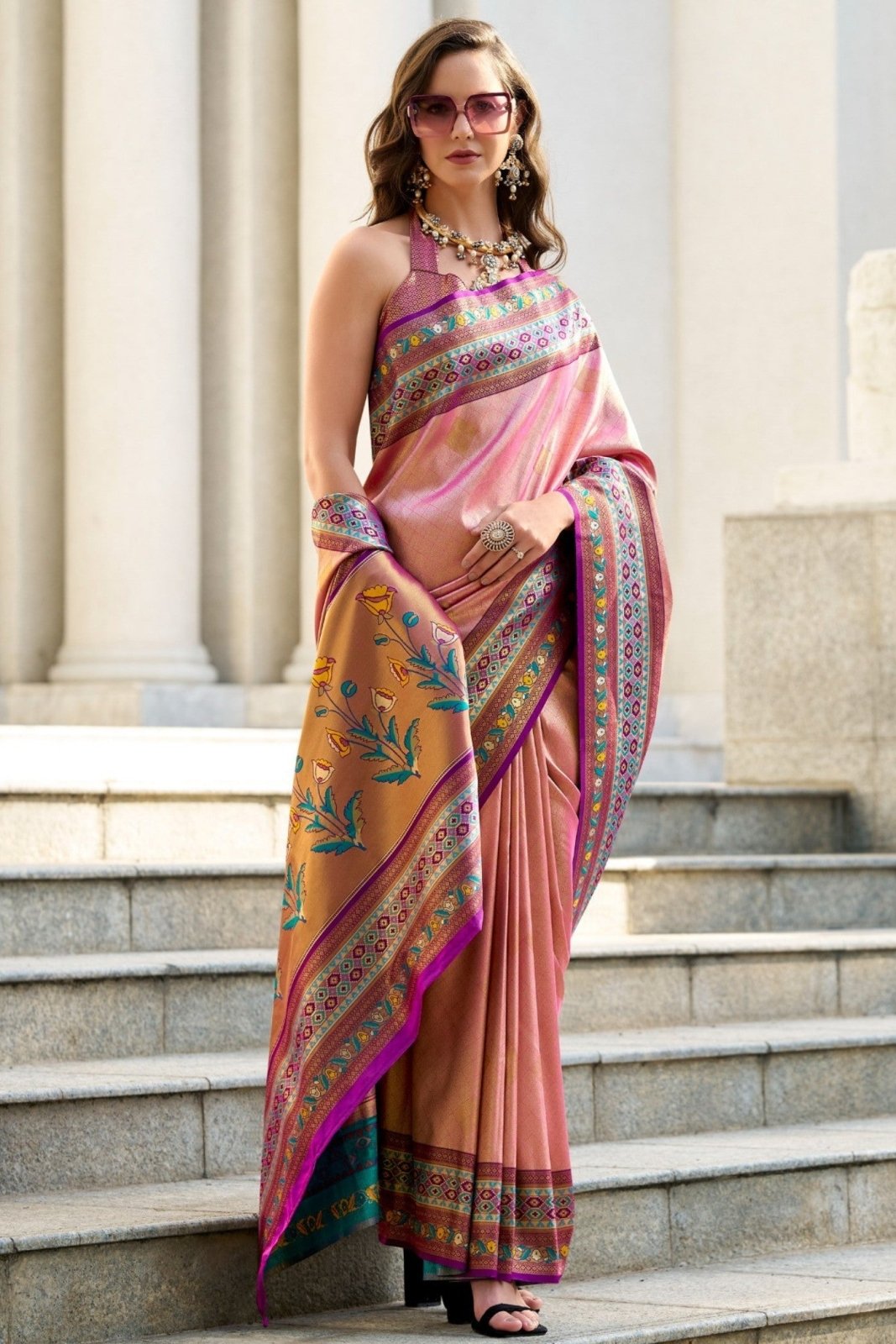 Rajkumari Pink Tissue Paithani Silk Zari Weaving Saree