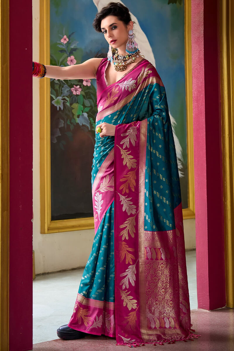 Leaf Indigo Teal Pure Banarasi Soft Silk Woven Saree