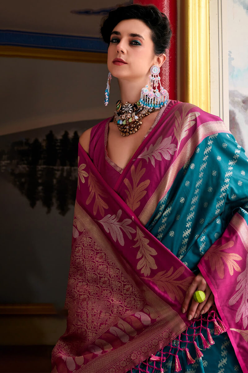 Leaf Indigo Teal Pure Banarasi Soft Silk Woven Saree