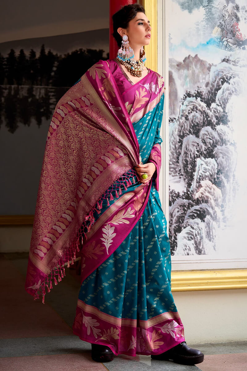 Leaf Indigo Teal Pure Banarasi Soft Silk Woven Saree