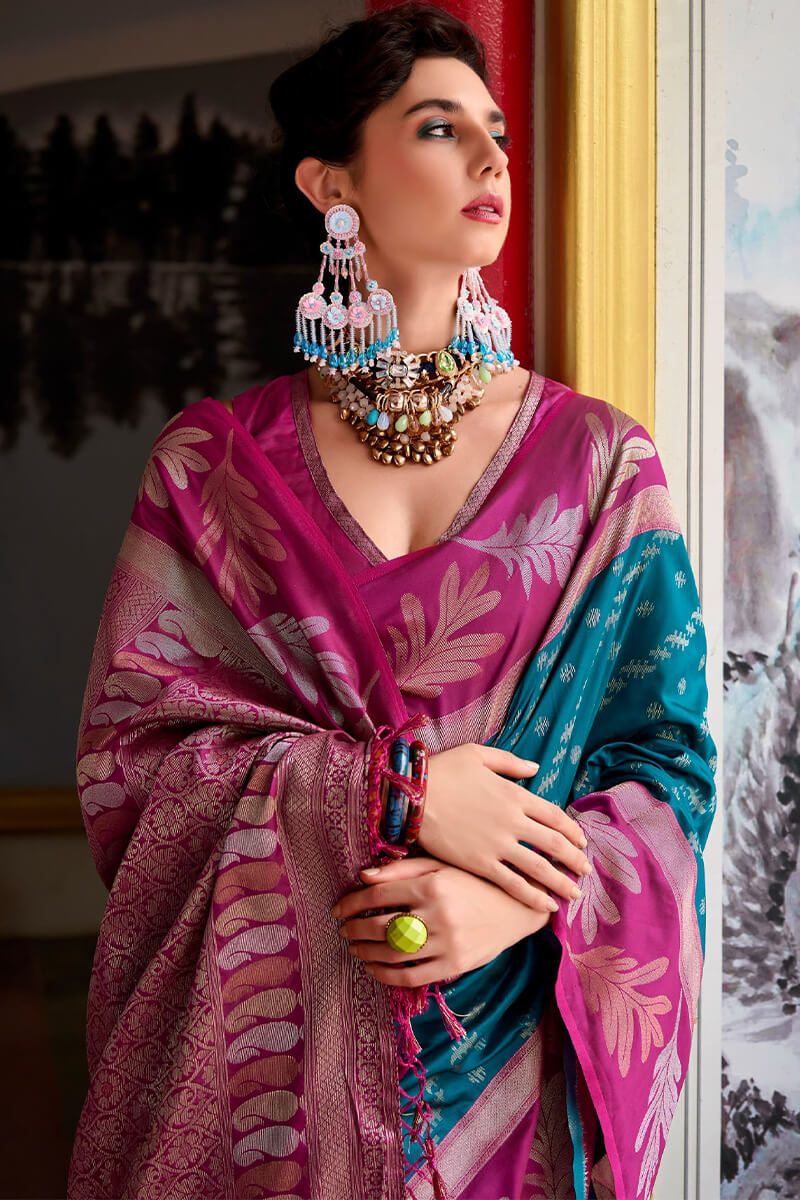 Leaf Indigo Teal Pure Banarasi Soft Silk Woven Saree