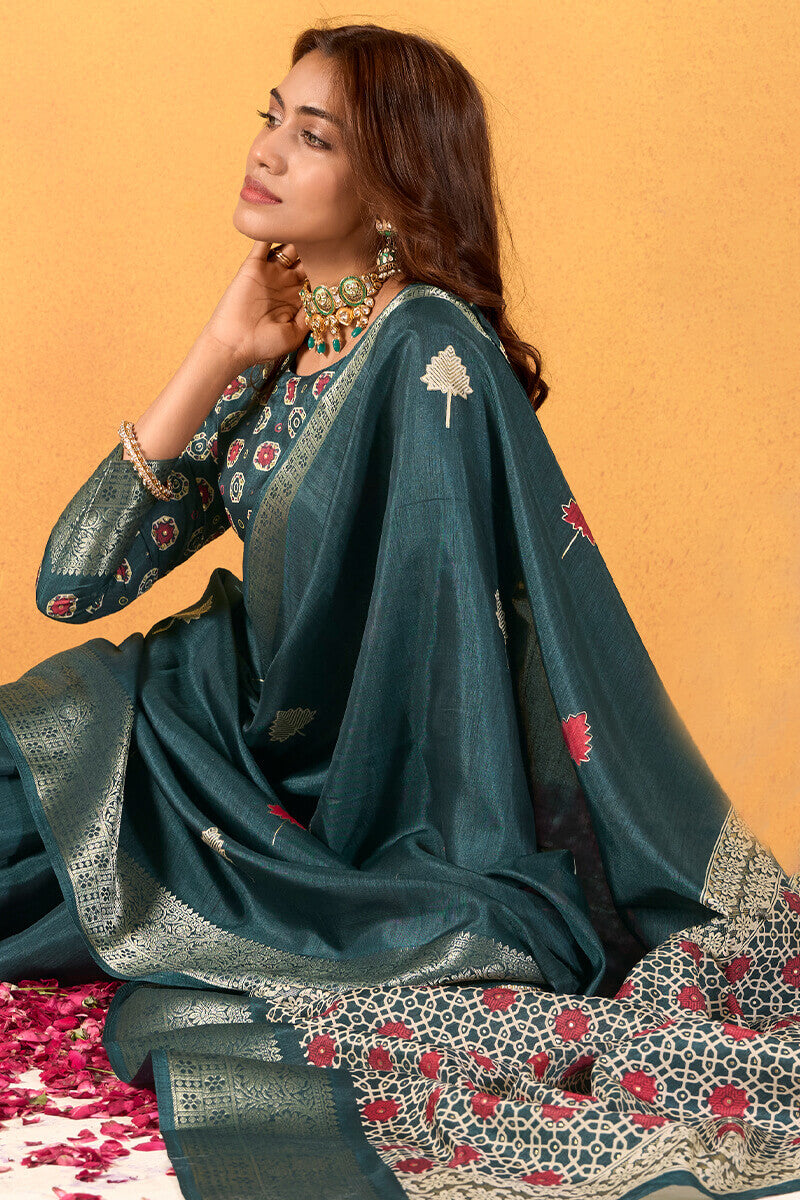 Chocolate Indigo Soft Dola Silk Foil Printed Saree