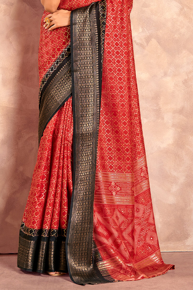 Celo Red Soft Dola Silk Foil Print With Jacquard Border Saree