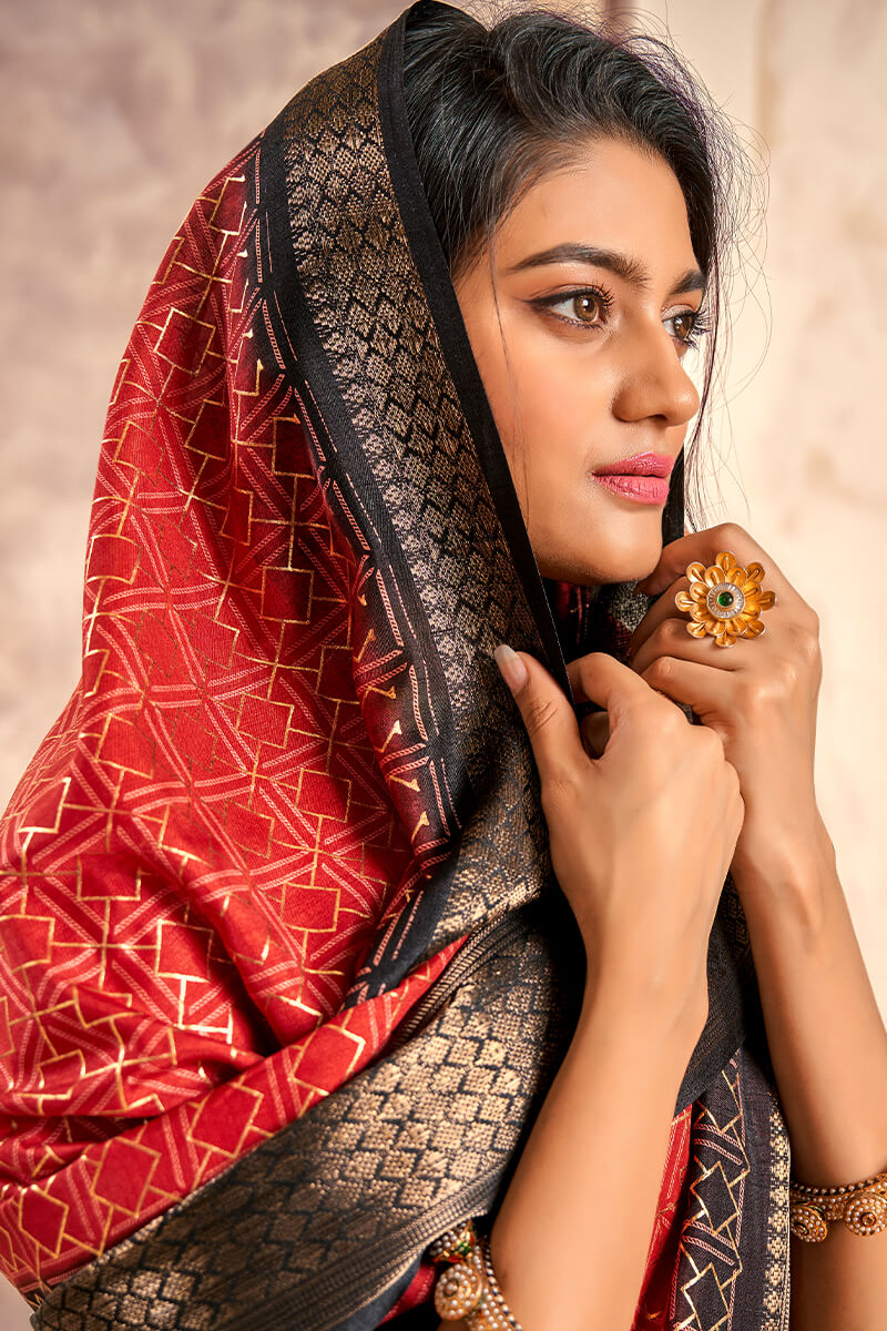 Celo Red Soft Dola Silk Foil Print With Jacquard Border Saree