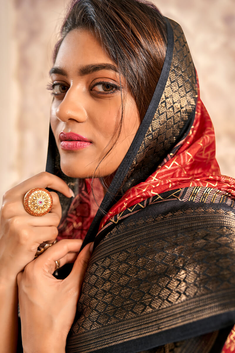 Celo Red Soft Dola Silk Foil Print With Jacquard Border Saree