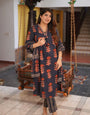 Navy Blue Pure Cotton Printed With Nack Work Suit Set