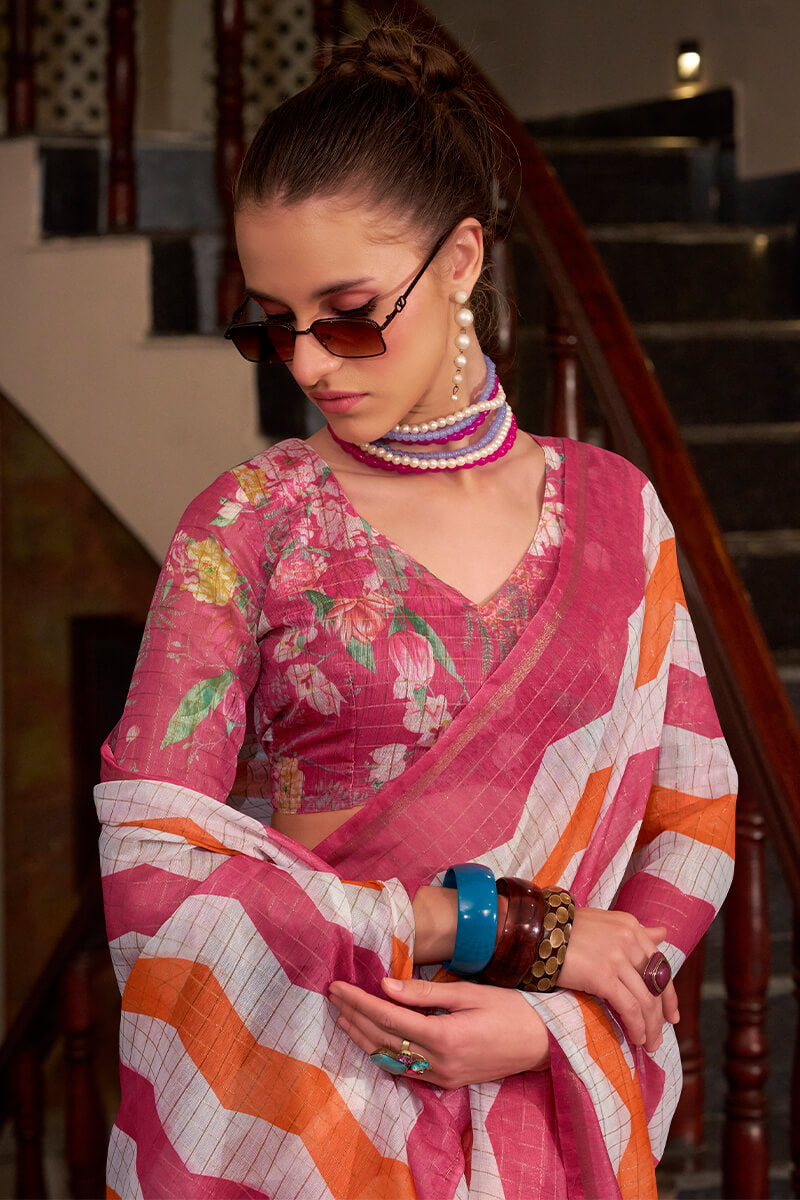 Basanti Pink and Mustaed Linen Silk Printed Saree