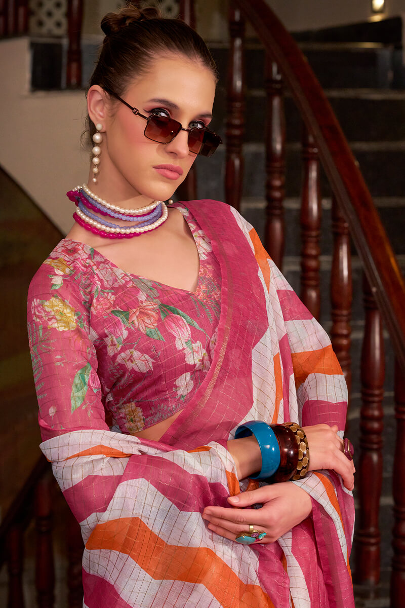 Basanti Pink and Mustaed Linen Silk Printed Saree