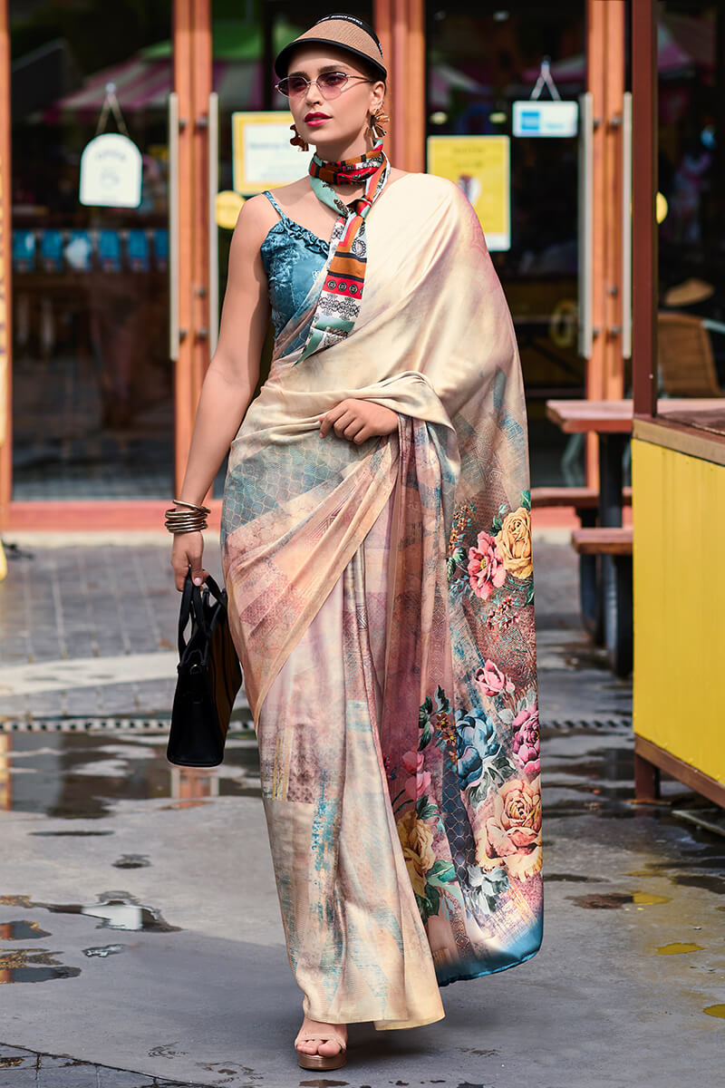 Next Ganeration Dusty Rose Pure Satin Silk Digital Printed Saree
