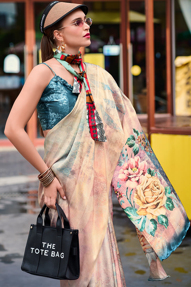 Next Ganeration Dusty Rose Pure Satin Silk Digital Printed Saree