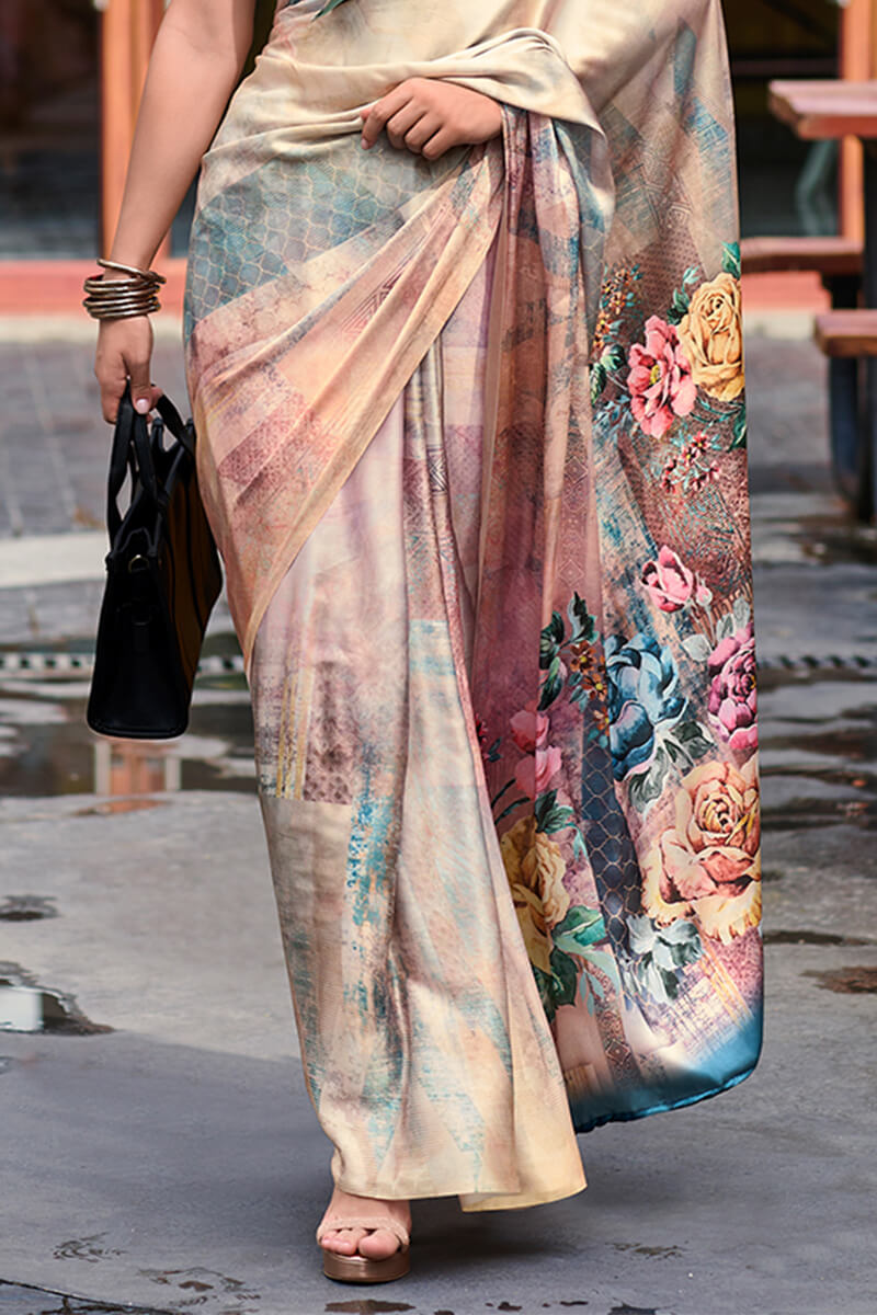 Next Ganeration Dusty Rose Pure Satin Silk Digital Printed Saree