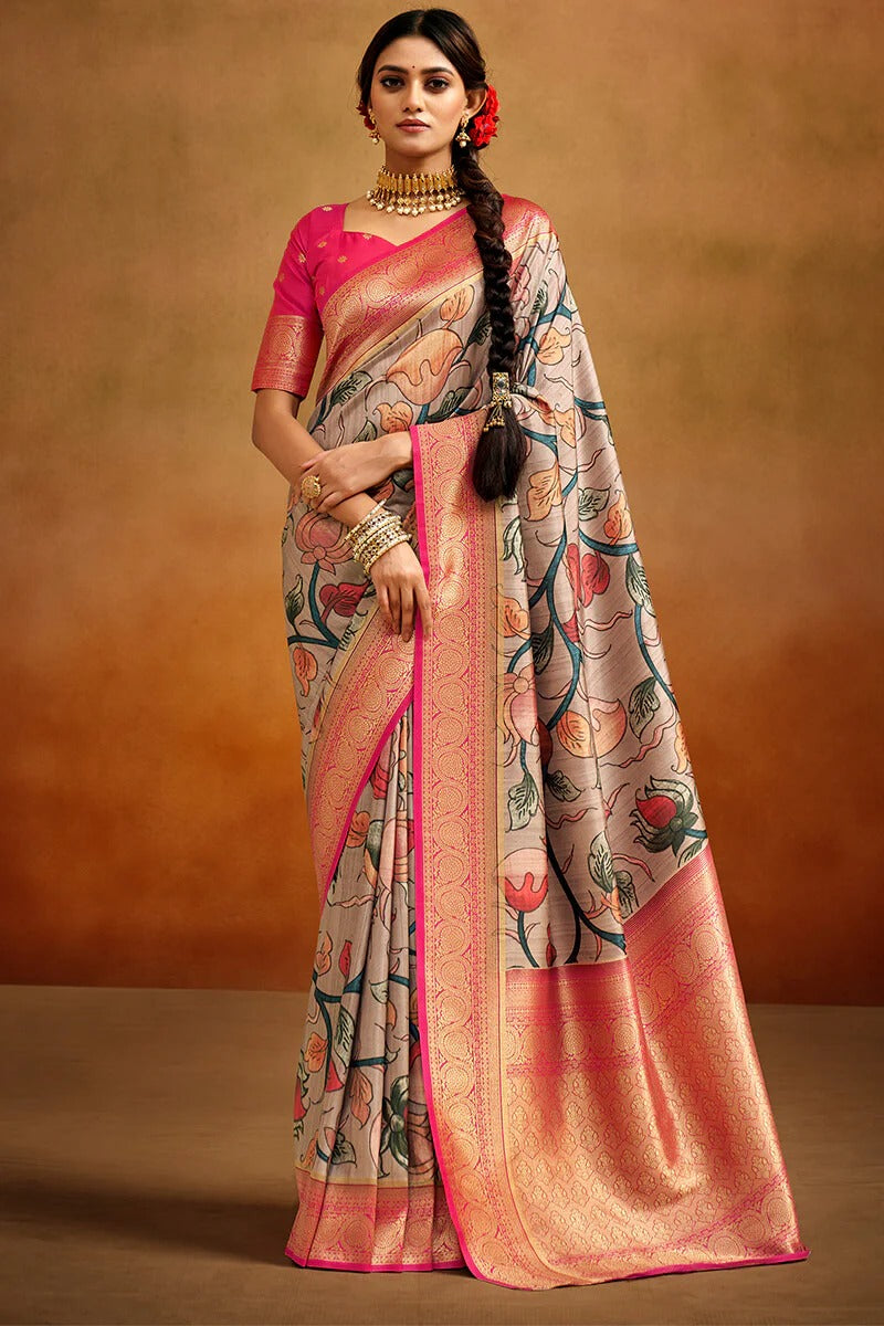 Moghra Blush Grey Banarasi Tussar Silk Woven Kalamkari Saree