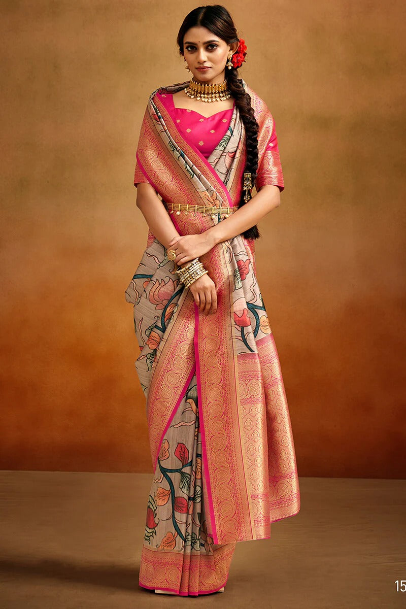 Moghra Blush Grey Banarasi Tussar Silk Woven Kalamkari Saree