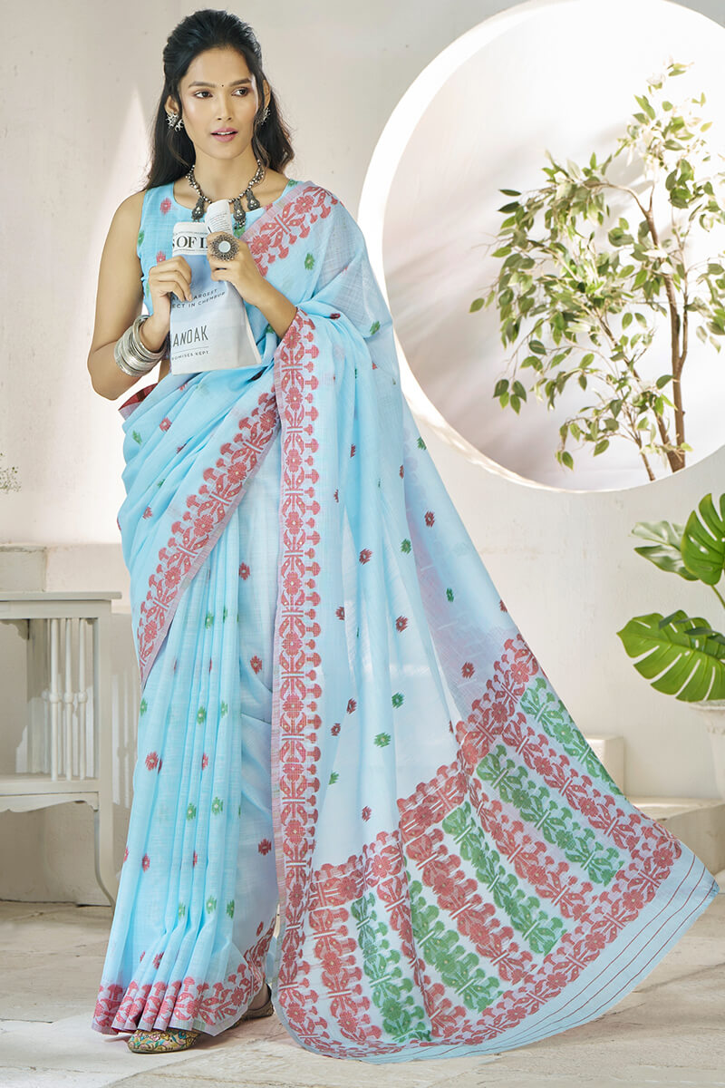 Disha Sky Blue Soft Linen Cotton Silk Weaving Saree