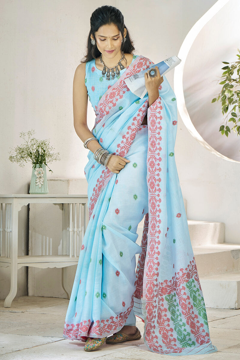 Disha Sky Blue Soft Linen Cotton Silk Weaving Saree
