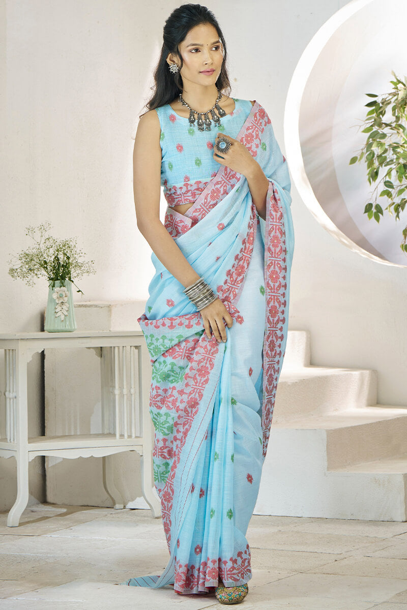 Disha Sky Blue Soft Linen Cotton Silk Weaving Saree