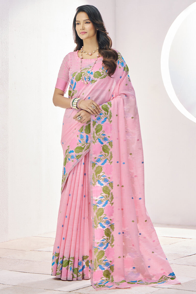 Gulabi Pink Pure Soft Linen Silk Printed Saree