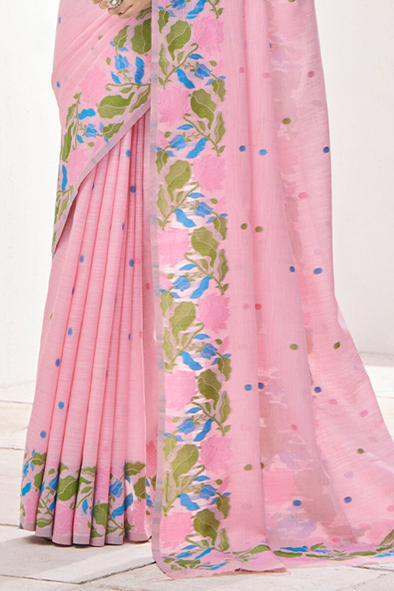 Gulabi Pink Pure Soft Linen Silk Printed Saree