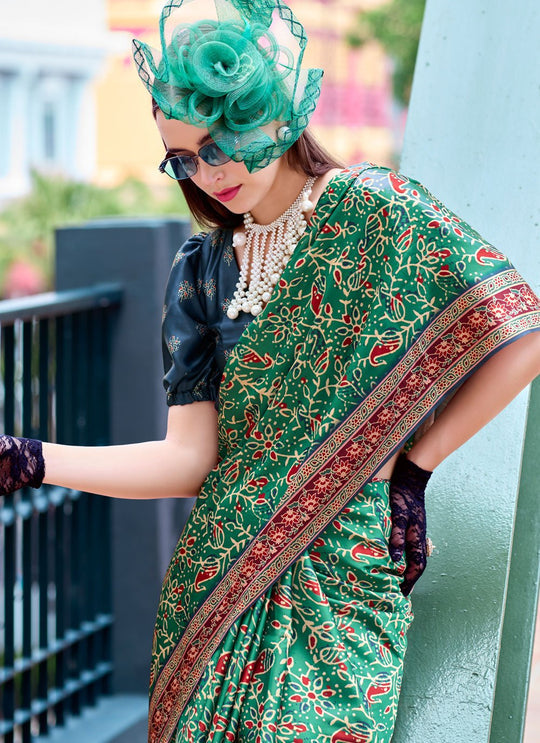 Next Generation Dark Green Ajrakh Satin Crepe Silk Printed Saree