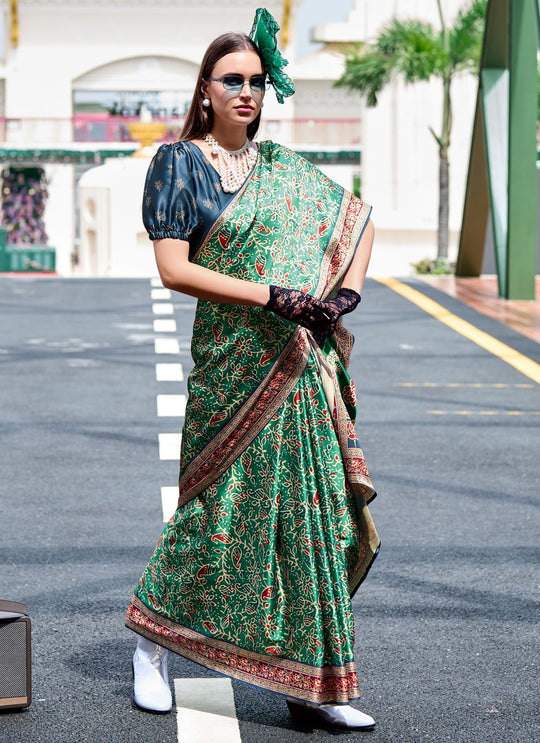 Next Generation Dark Green Ajrakh Satin Crepe Silk Printed Saree