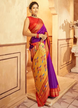 Aniruddh Wine Zari Weaving Pure Paithani silk Saree