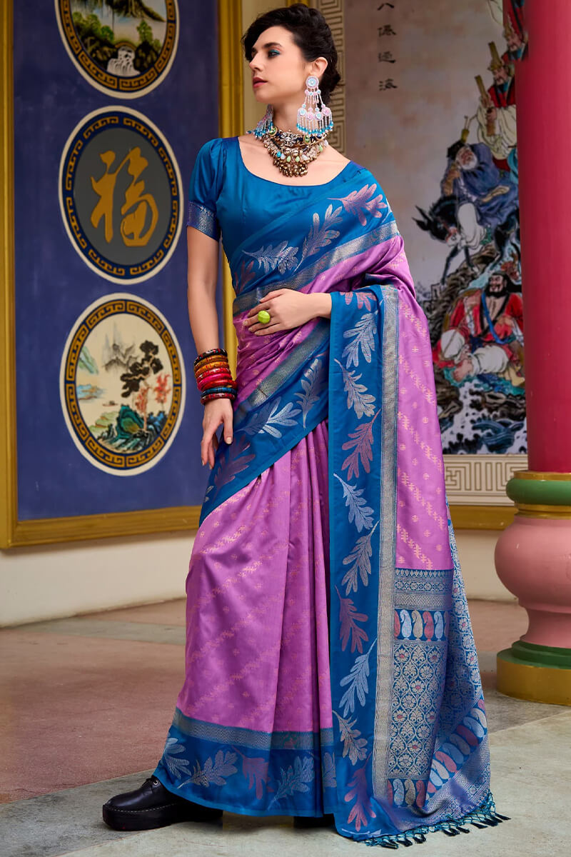 Leaf Lavaender Pure Banarasi Soft Silk Woven Saree