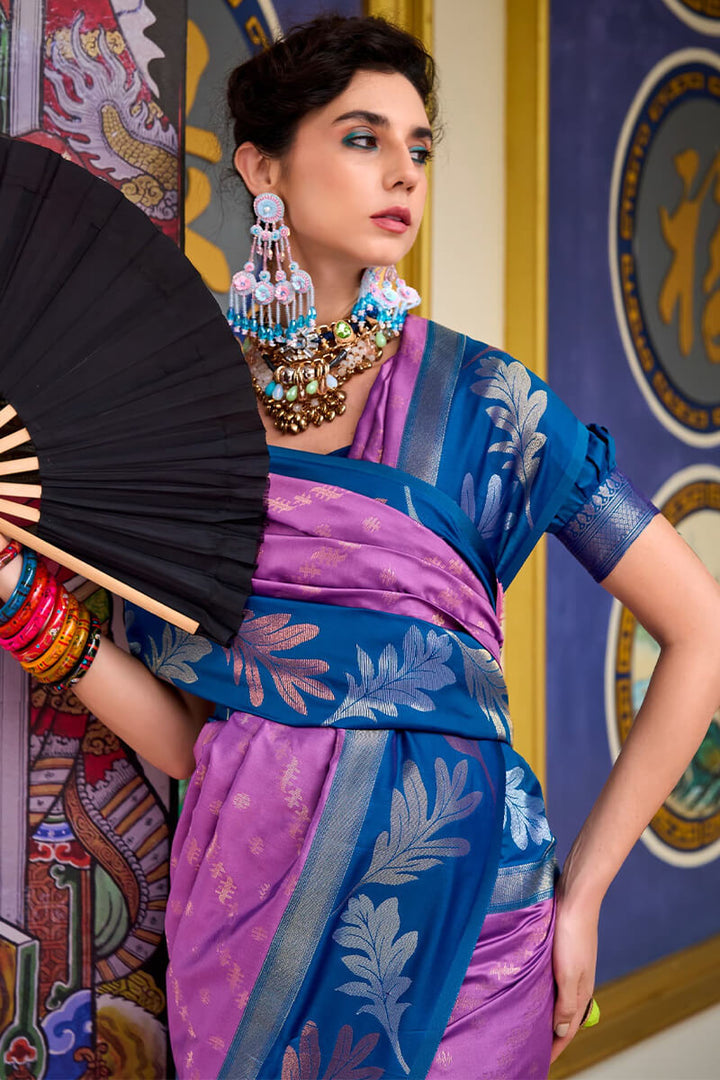 Leaf Lavaender Pure Banarasi Soft Silk Woven Saree
