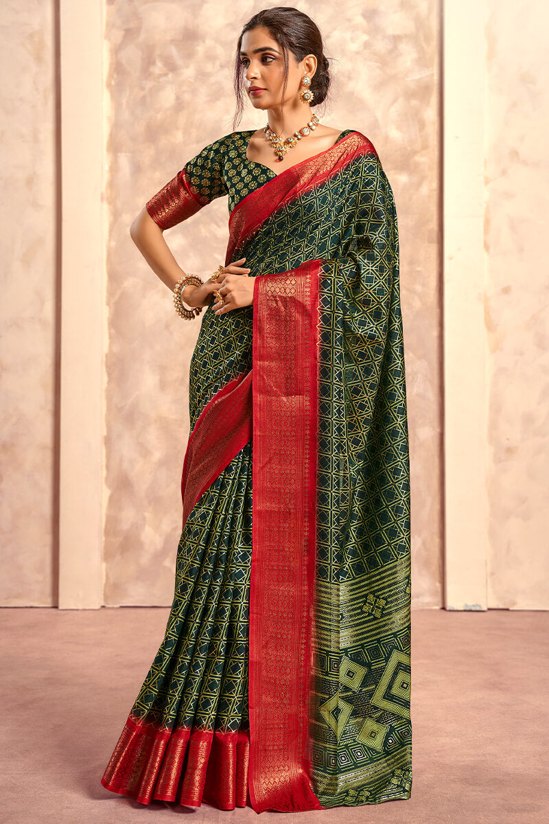 Celo Dark Green Soft Dola Silk Foil Print With Jacquard Border Saree