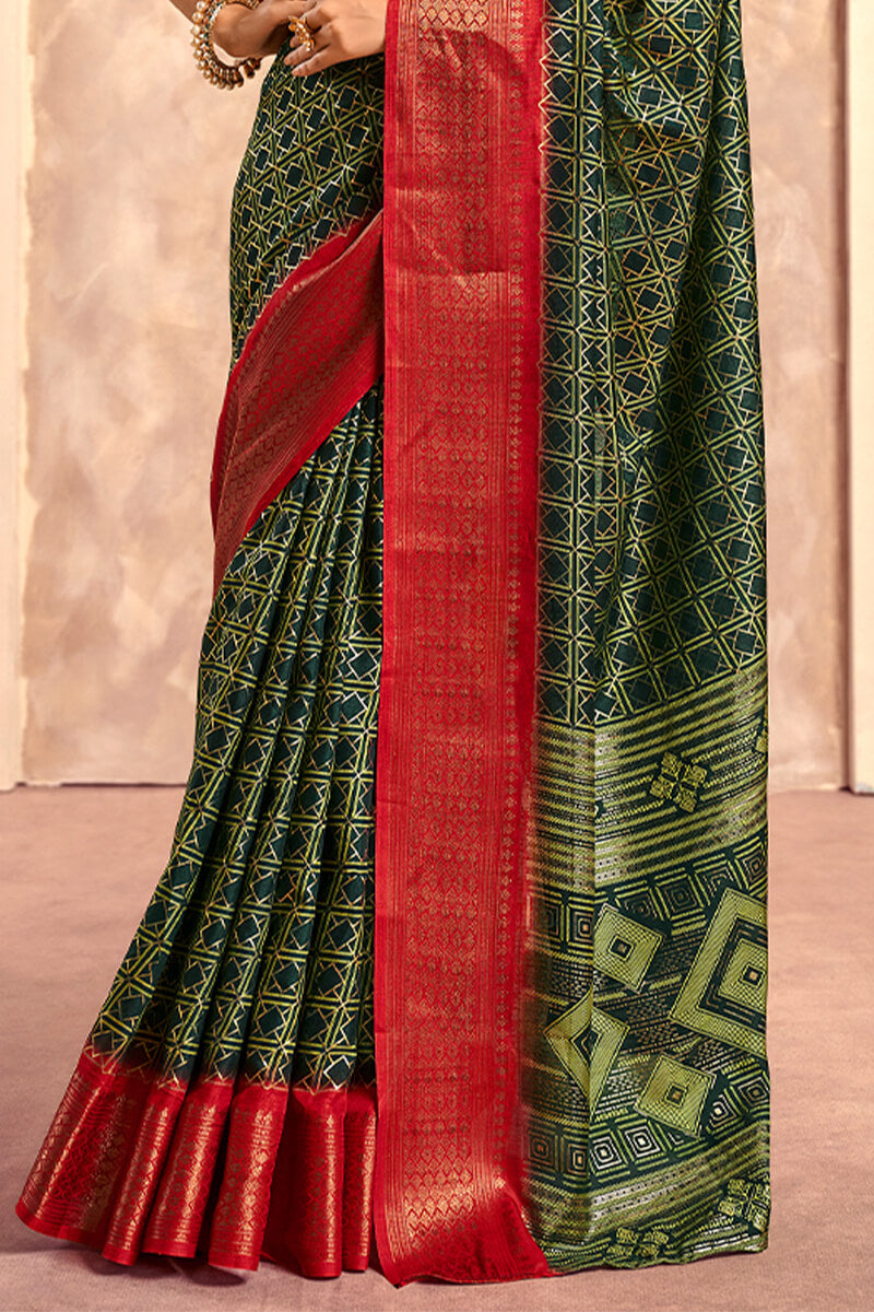Celo Dark Green Soft Dola Silk Foil Print With Jacquard Border Saree