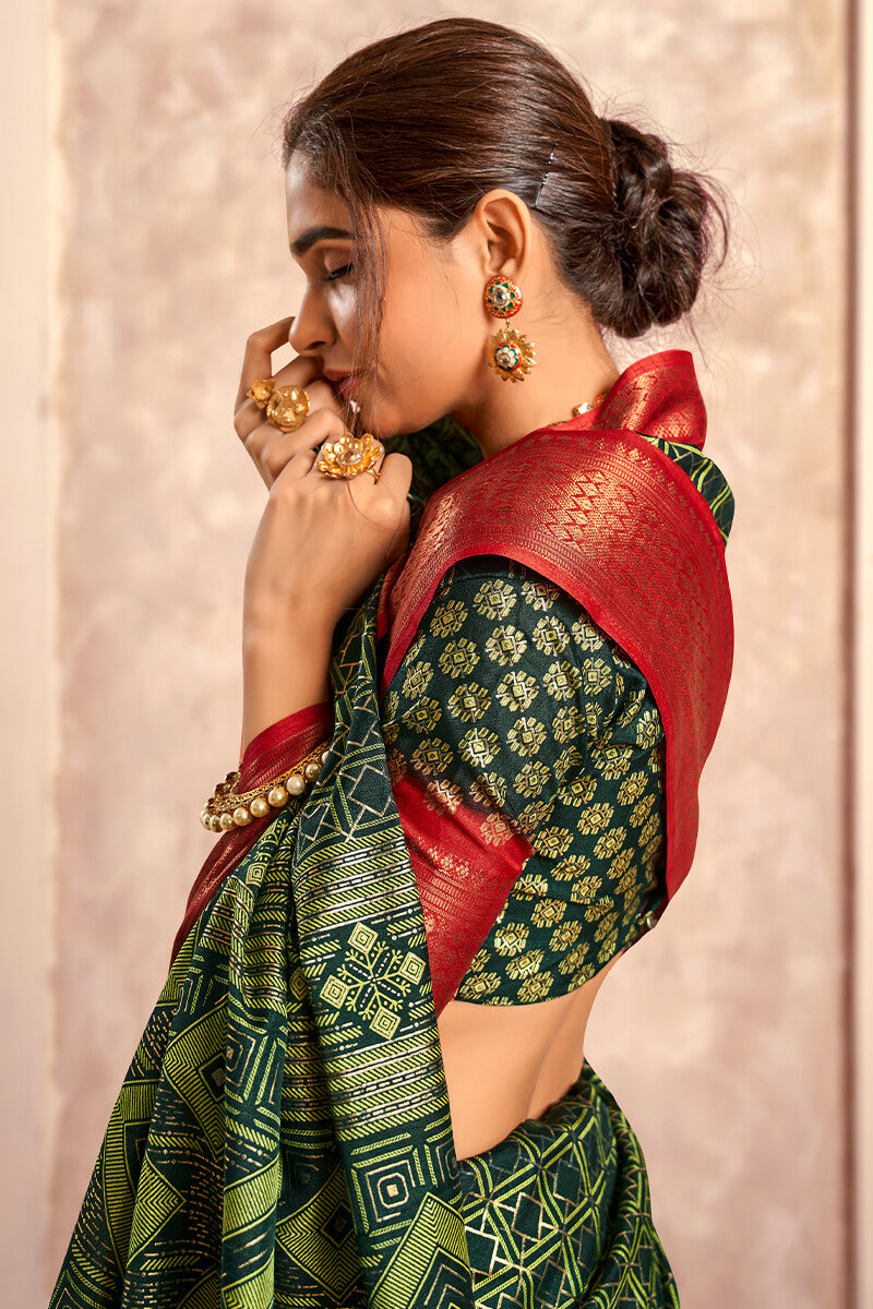 Celo Dark Green Soft Dola Silk Foil Print With Jacquard Border Saree
