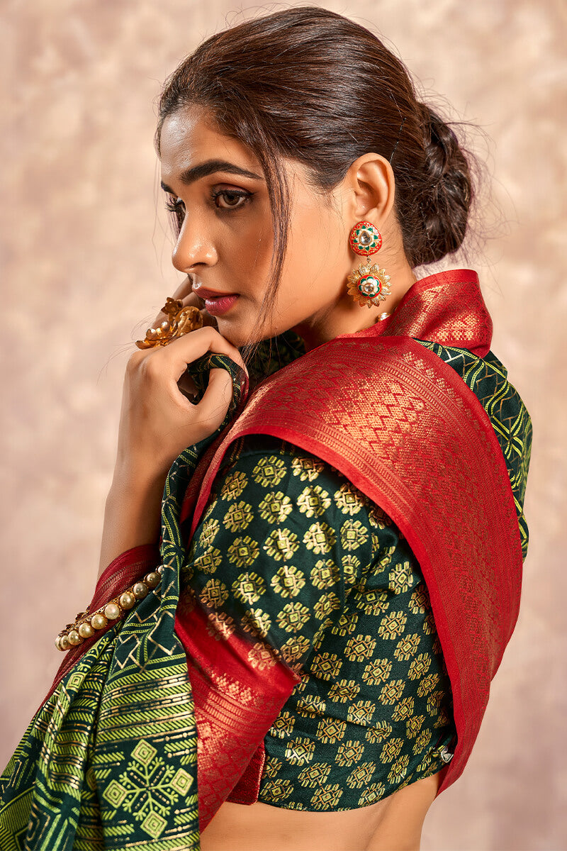 Celo Dark Green Soft Dola Silk Foil Print With Jacquard Border Saree
