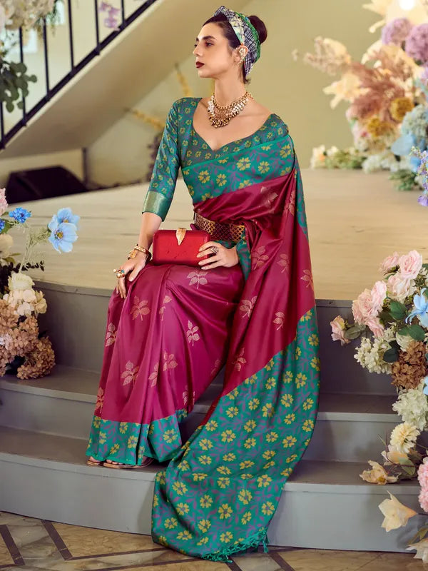 Martin Maroon Soft Silk Floral Printed With Ikkat Border Saree