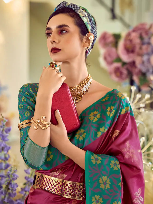 Martin Maroon Soft Silk Floral Printed With Ikkat Border Saree