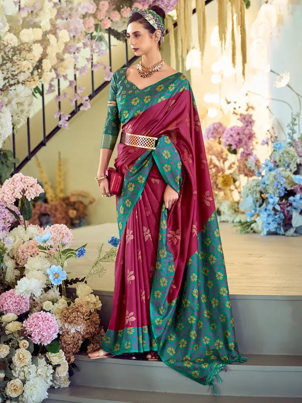 Martin Maroon Soft Silk Floral Printed With Ikkat Border Saree