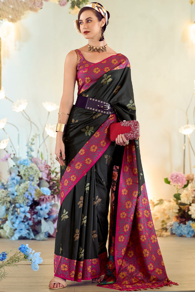 Martin Black Soft Silk Floral Printed With Ikkat Border Saree