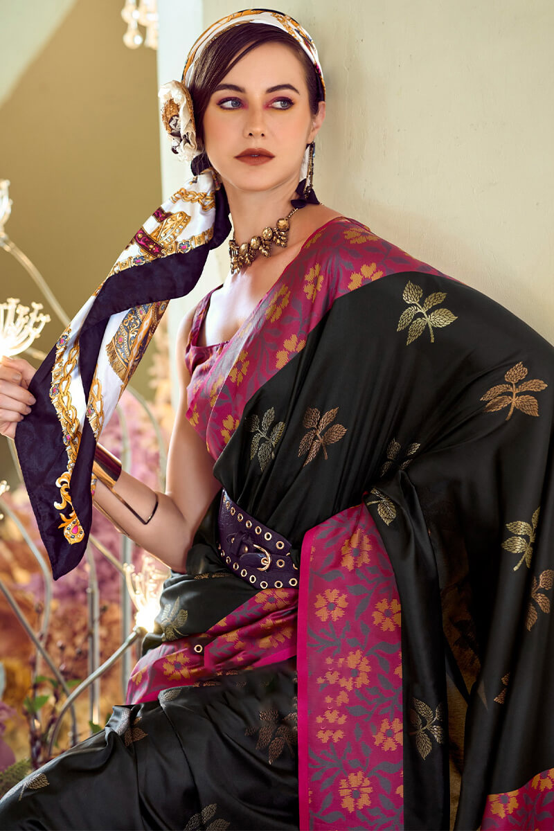 Martin Black Soft Silk Floral Printed With Ikkat Border Saree