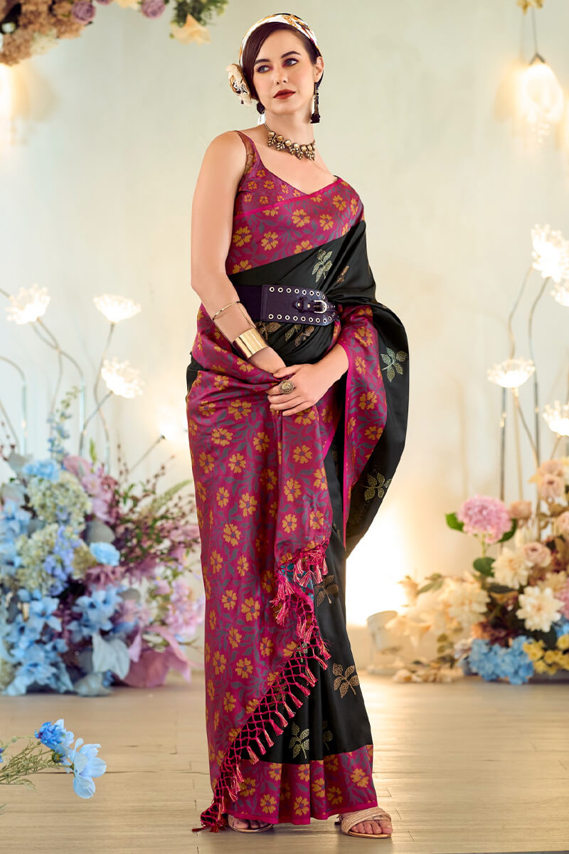 Martin Black Soft Silk Floral Printed With Ikkat Border Saree
