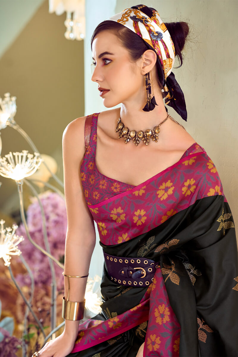 Martin Black Soft Silk Floral Printed With Ikkat Border Saree