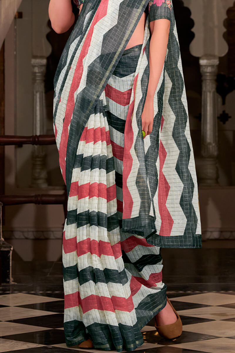 Basanti Red and Black Linen Silk Printed Saree