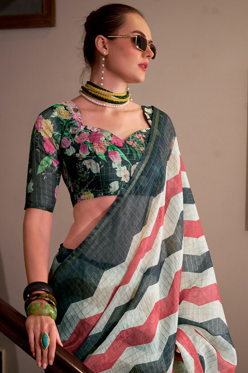 Basanti Red and Black Linen Silk Printed Saree