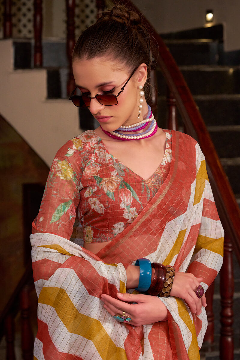 Basanti Orange and Mustard Linen Silk Printed Saree