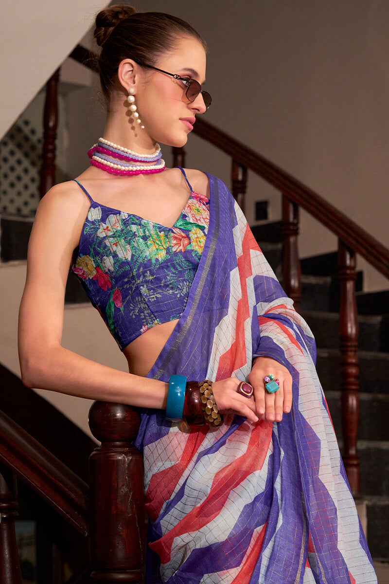 Basanti Red and Violet Linen Silk Printed Saree