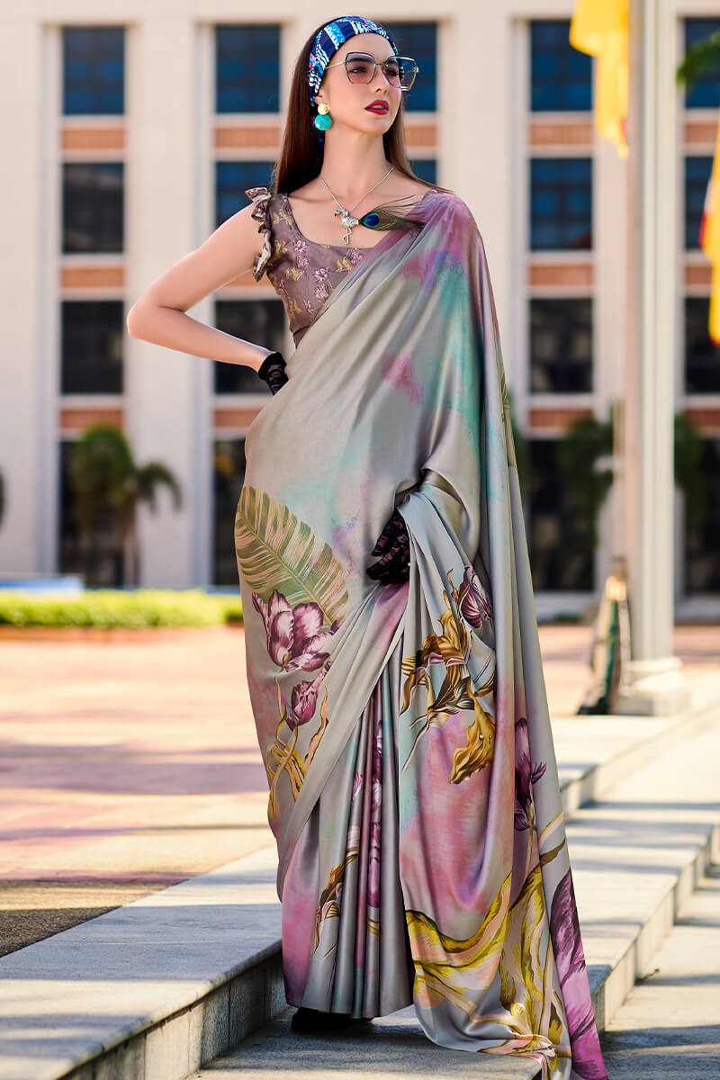 Next Ganeration Ash Grey Pure Satin Silk Digital Printed Saree
